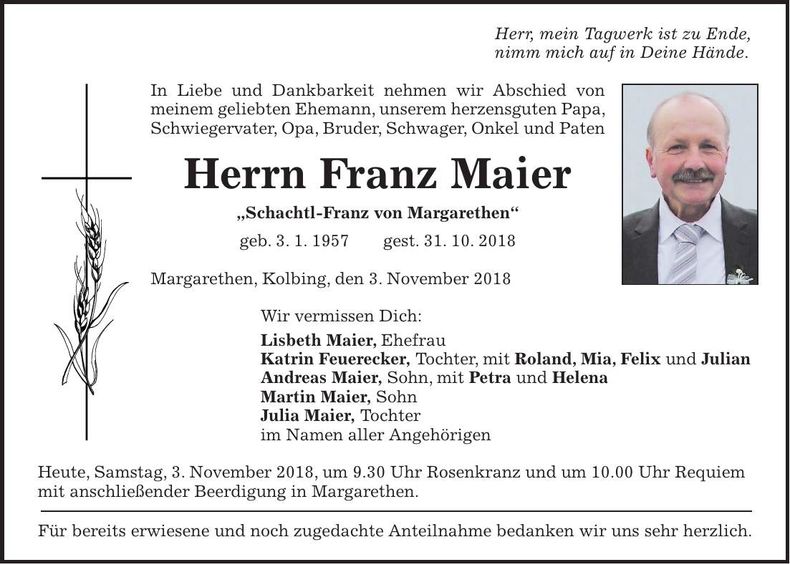 Traueranzeige Franz Maier