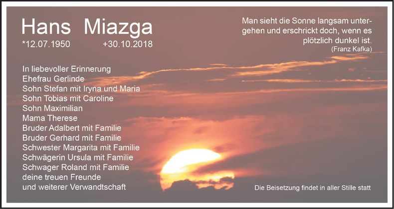 Traueranzeige Hans Miazga