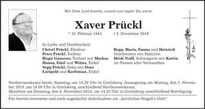 Traueranzeige Xaver Prückl