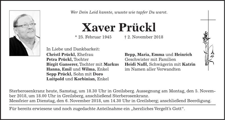 Traueranzeige Xaver Prückl