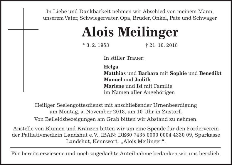 Traueranzeige Alois Meilinger