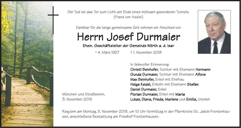 Traueranzeige Josef Durmaier