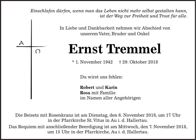 Traueranzeige Ernst Tremmel