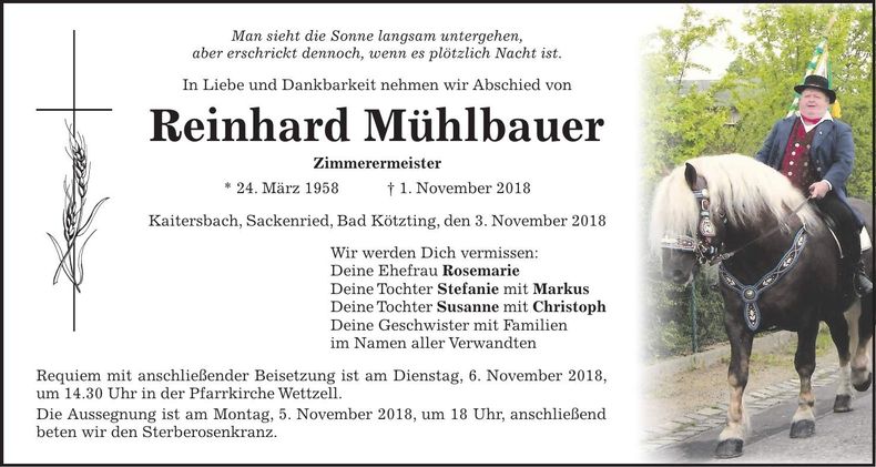 Traueranzeige Reinhard Mühlbauer