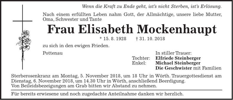 Traueranzeige Elisabeth Mockenhaupt