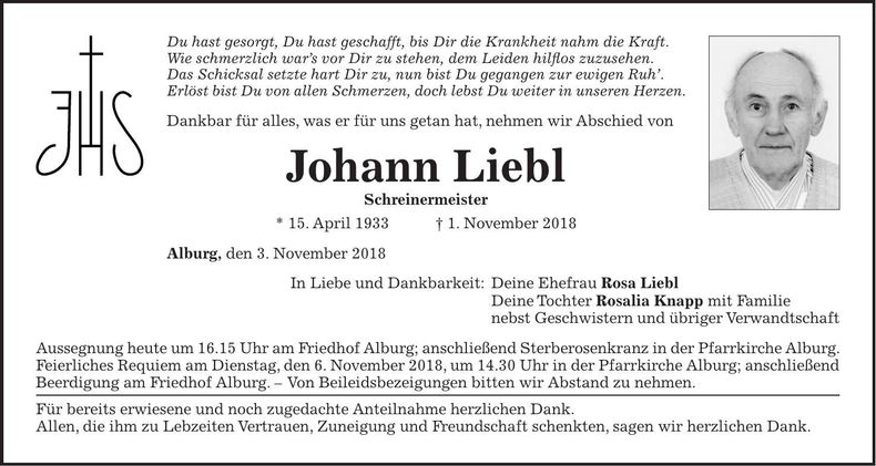 Traueranzeige Johann Liebl