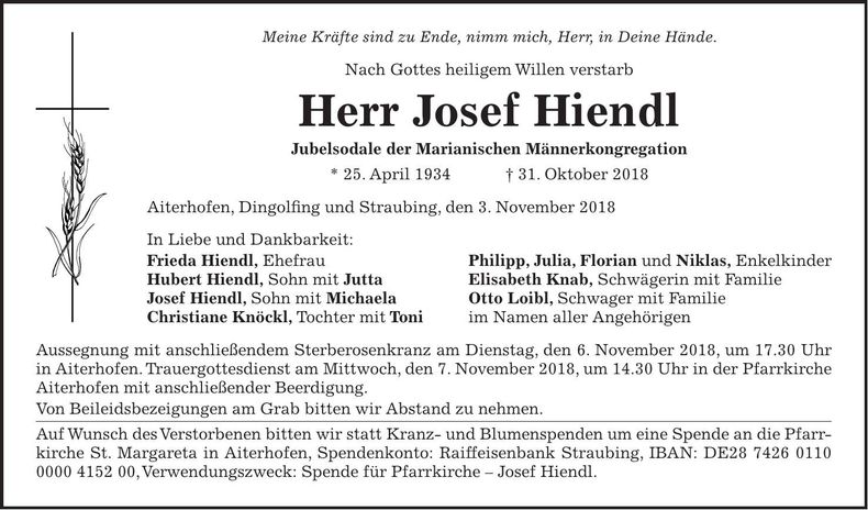 Traueranzeige Josef Hiendl