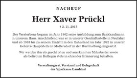 Traueranzeige Xaver Prückl