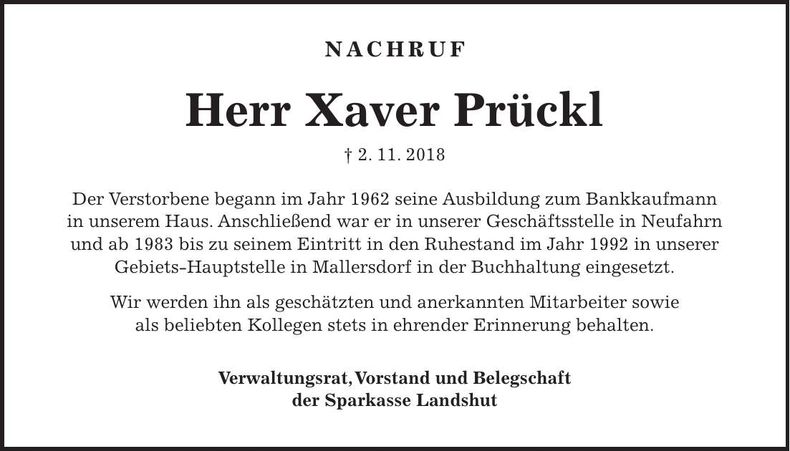 Traueranzeige Xaver Prückl