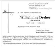 Traueranzeige Wilhelmine Dreher
