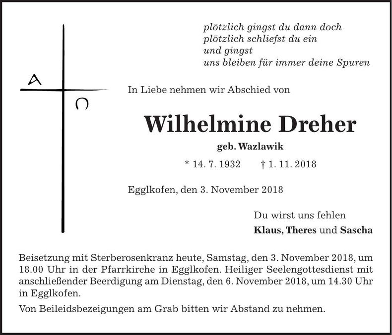 Traueranzeige Wilhelmine Dreher