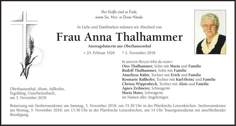 Traueranzeige Anna Thalhammer