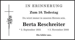 Traueranzeige Berta Reschreiter