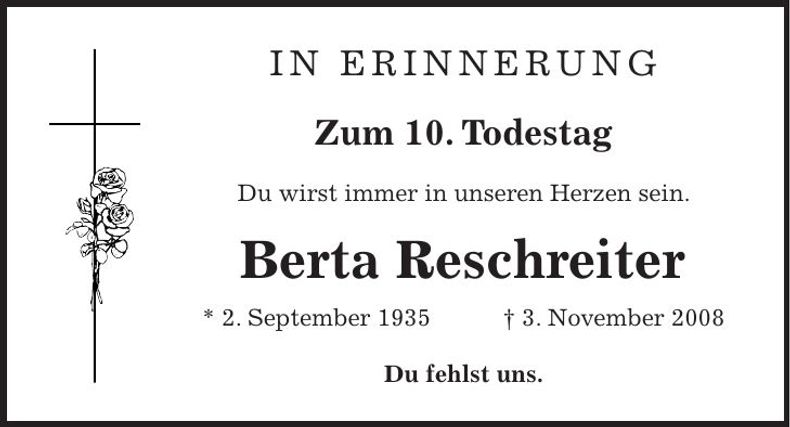 Traueranzeige Berta Reschreiter