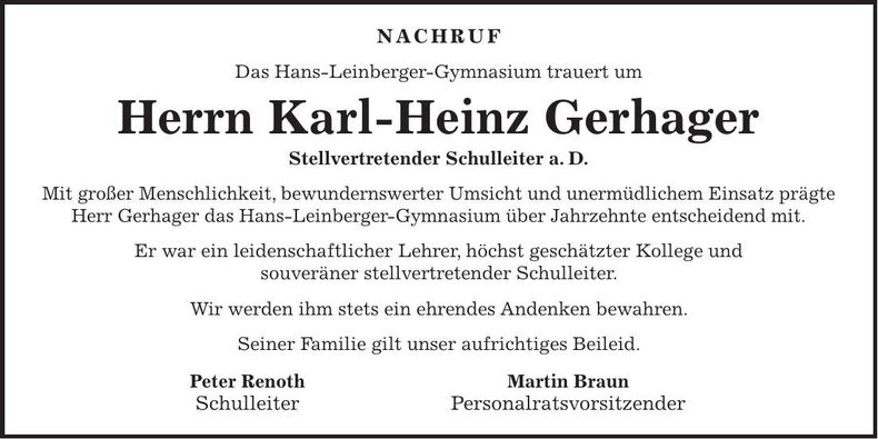 Traueranzeige Karl-Heinz Gerhager