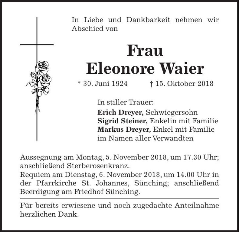 Traueranzeige Eleonore Waier