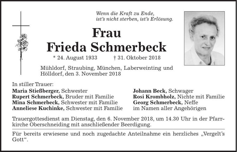 Traueranzeige Frieda Schmerbeck