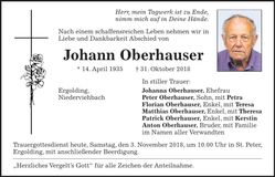 Traueranzeige Johann Oberhauser