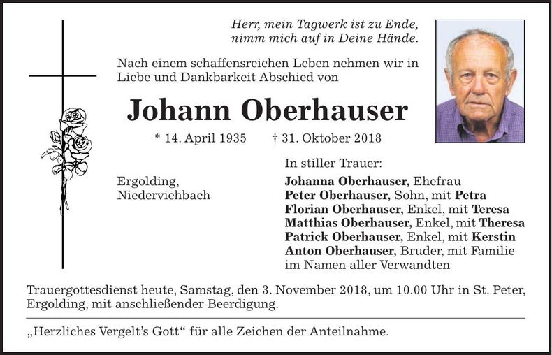 Traueranzeige Johann Oberhauser