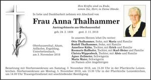 Traueranzeige Anna Thalhammer