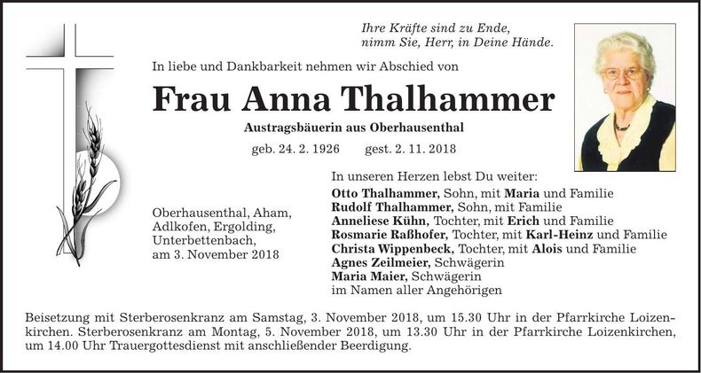 Traueranzeige Anna Thalhammer