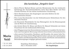 Traueranzeige Maria Veitl