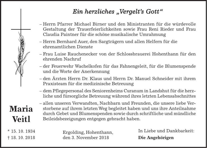 Traueranzeige Maria Veitl