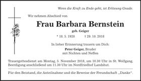 Traueranzeige Barbara Bernstein