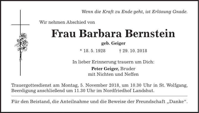 Traueranzeige Barbara Bernstein