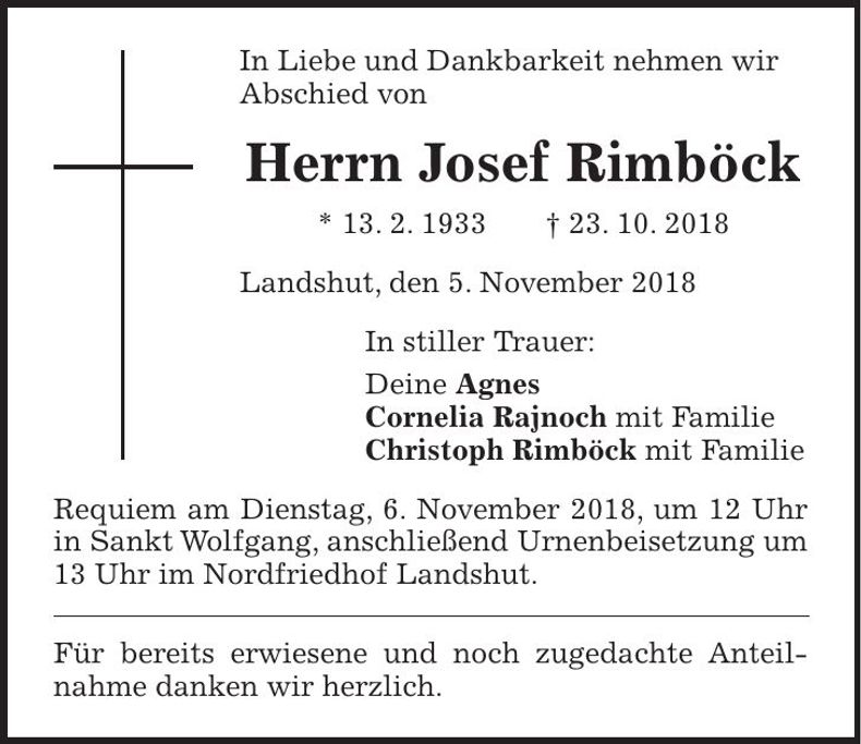 Traueranzeige Josef Rimböck