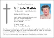 Traueranzeige Elfriede Mathis