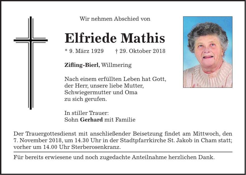 Traueranzeige Elfriede Mathis