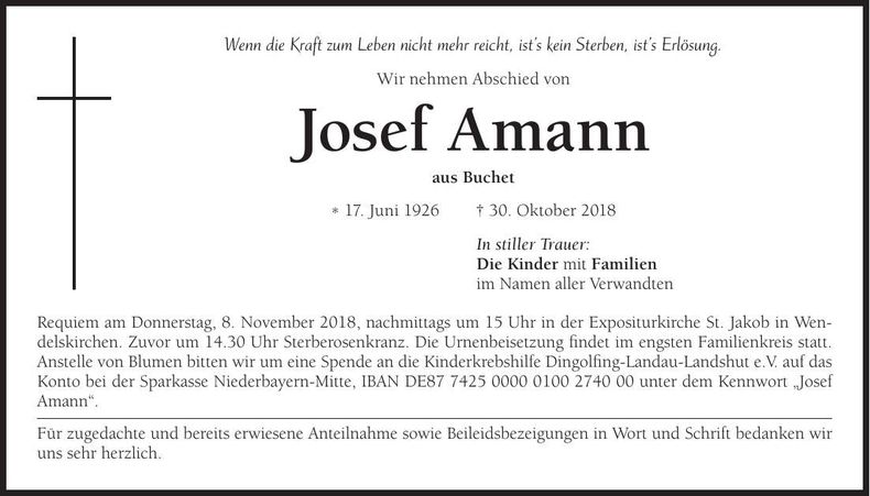 Traueranzeige Josef Amann