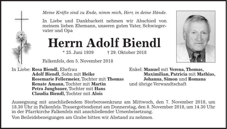 Traueranzeige Adolf Biendl