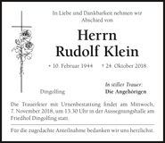 Traueranzeige Rudolf Klein
