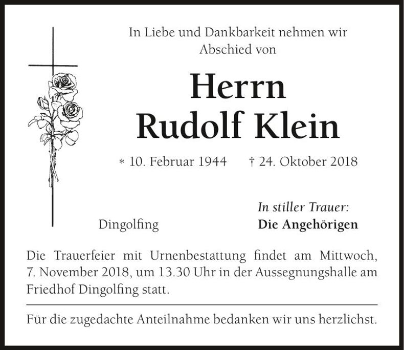 Traueranzeige Rudolf Klein