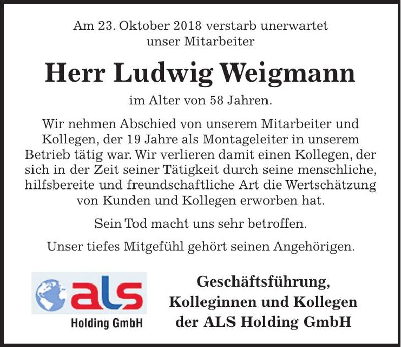 Traueranzeige Ludwig Weigmann