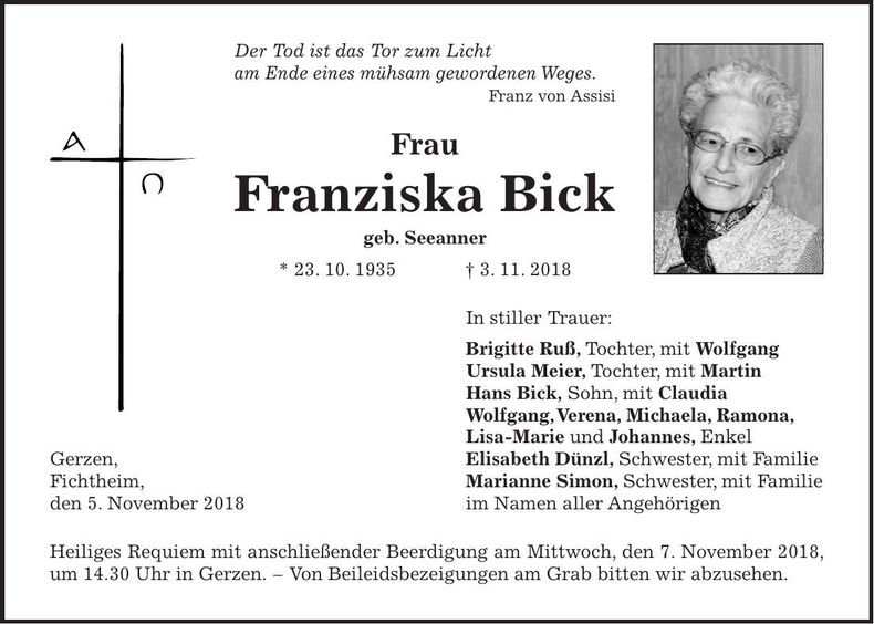 Traueranzeige Franziska Bick