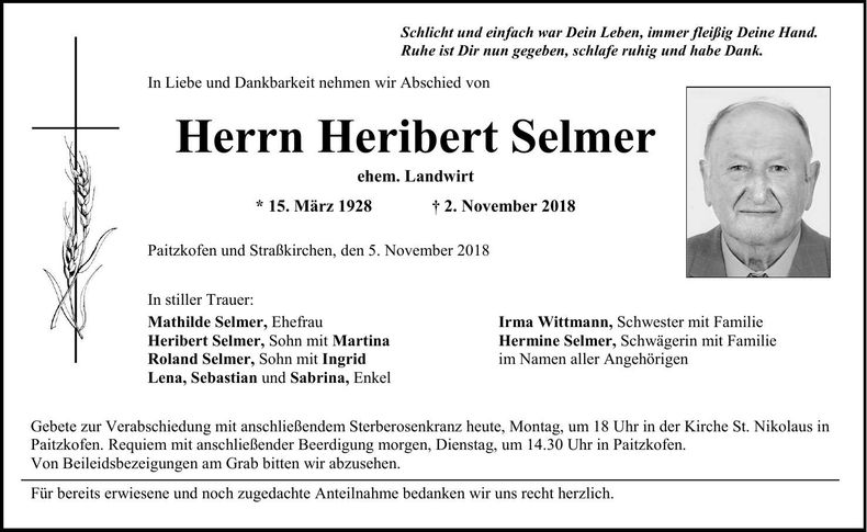 Traueranzeige Heribert Selmer