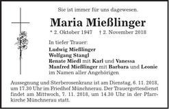 Traueranzeige Maria Mießlinger