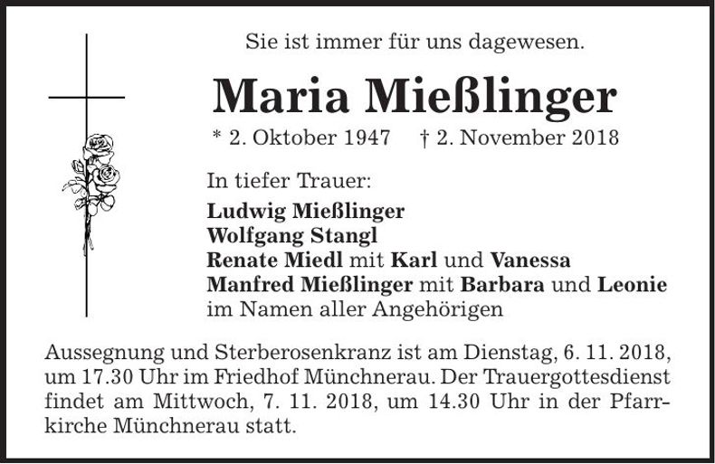 Traueranzeige Maria Mießlinger