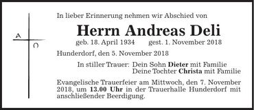 Traueranzeige Andreas Deli