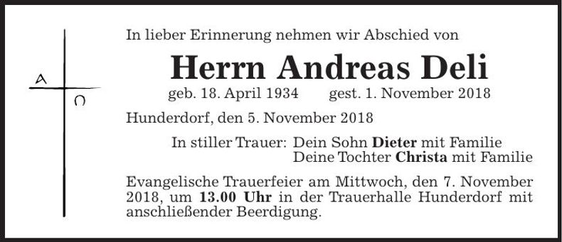Traueranzeige Andreas Deli