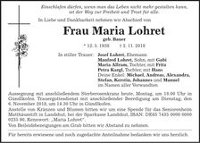 Traueranzeige Maria Lohret