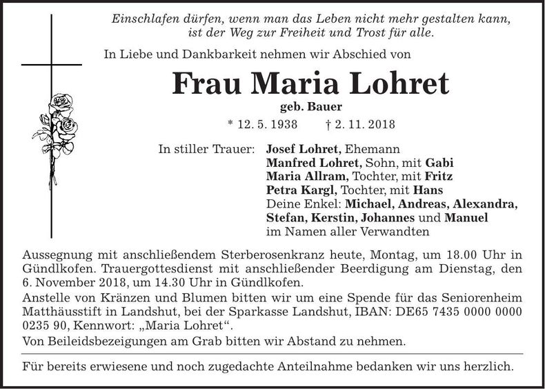 Traueranzeige Maria Lohret