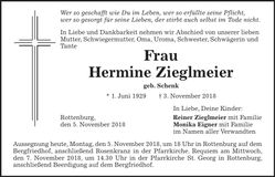 Traueranzeige Hermine Zieglmeier