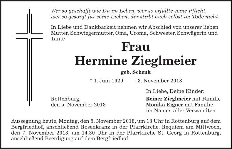 Traueranzeige Hermine Zieglmeier
