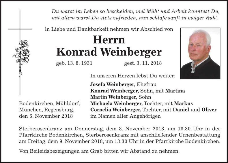 Traueranzeige Konrad Weinberger