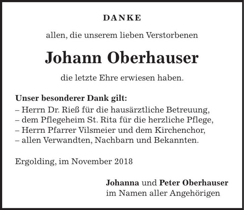 Traueranzeige Johann Oberhauser
