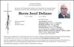 Traueranzeige Josef Deliano